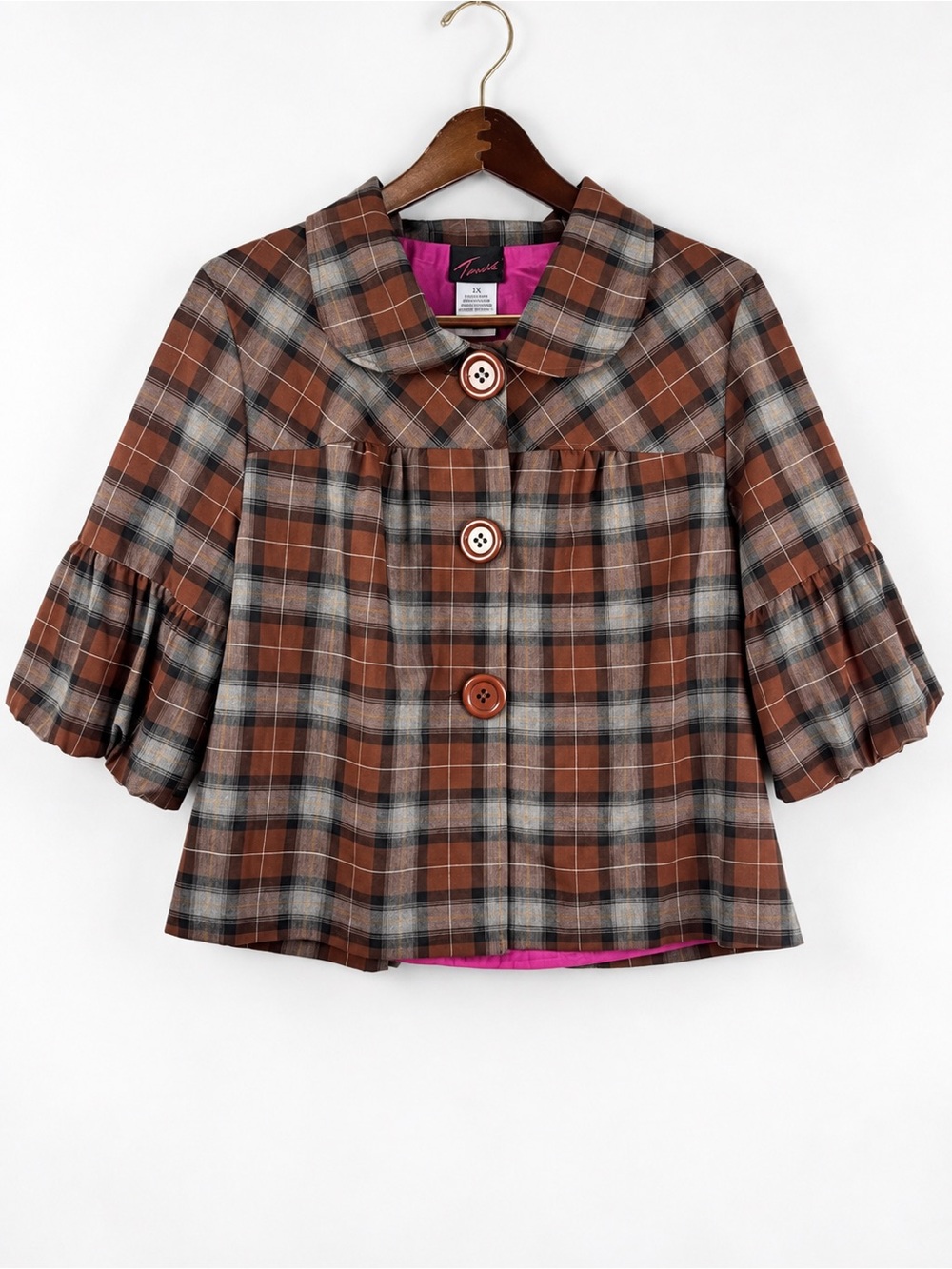 Torrid Y2K Brown Plaid Babydoll Bell Sleeve Jacket 1X